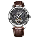 “Designer Chronograph Watch B22 stainless steel case brown leather strap multiple sub-dials”