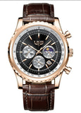 “Luxury Sports Quartz Wristwatch 8989 stainless steel case sapphire crystal brown strap”